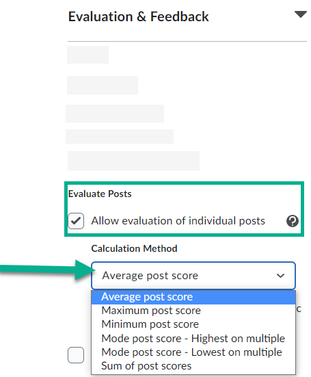 Image of the Allow evaluation of individual posts option selected with the calculation methods displaying below