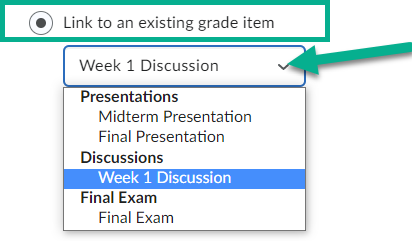 Image of the option titled "Link to an existing grade item" selected. Underneath appears a select box to choose which grade item to link this discussion to. 