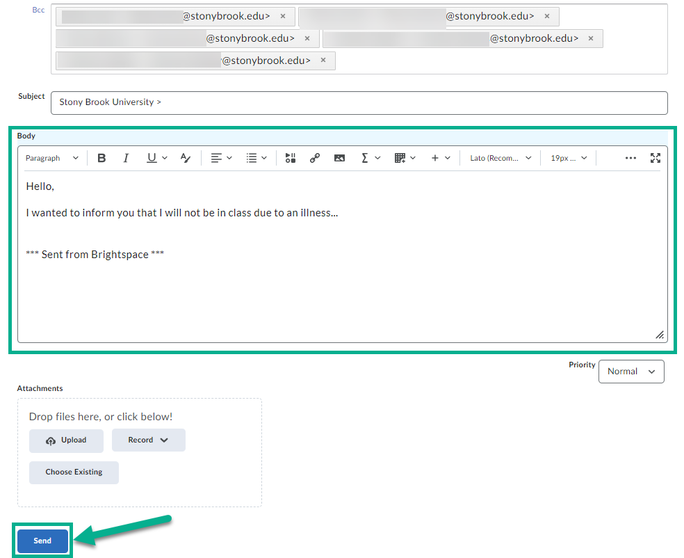 Image of a drafted email to instructors, in this image the send button is highlighted to show this is where you click to send the email