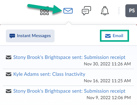 Image of envelope icon with the email button highlighted in Brightspace