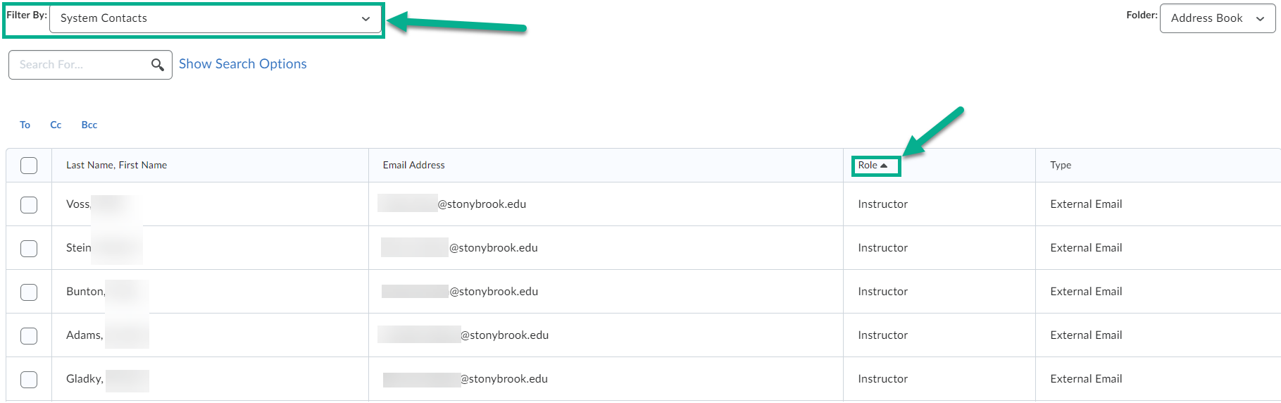 Image of the contacts filtered by system contacts and the table of contacts appears below. The table of contacts is filtered by role.