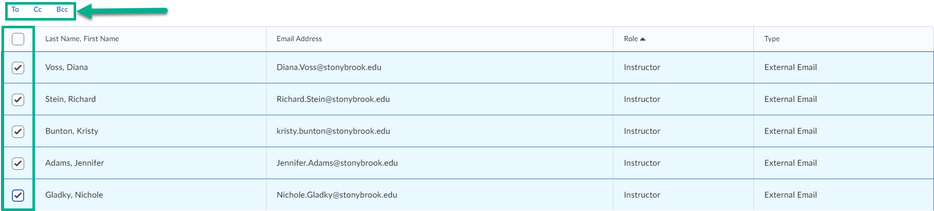 Image of checkboxes for each instructor being selected as recipients for an email. Also highlighted are buttons that say To, CC, and Bcc to indicate which field they will be assigned to. 