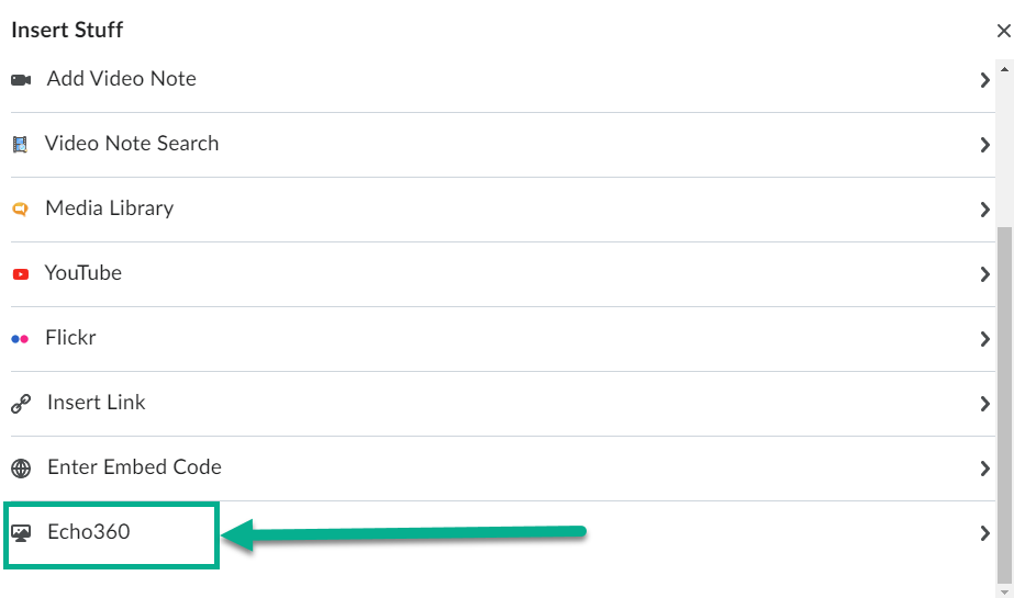 Image of the insert stuff options with Echo360 highlighted