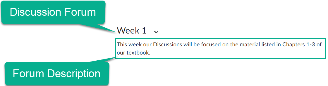 Image of a forum titled Week 1. Under the forum is a description that says "This week our Discussions will be focused the material listed in Chapters 1-3 of our textbook"