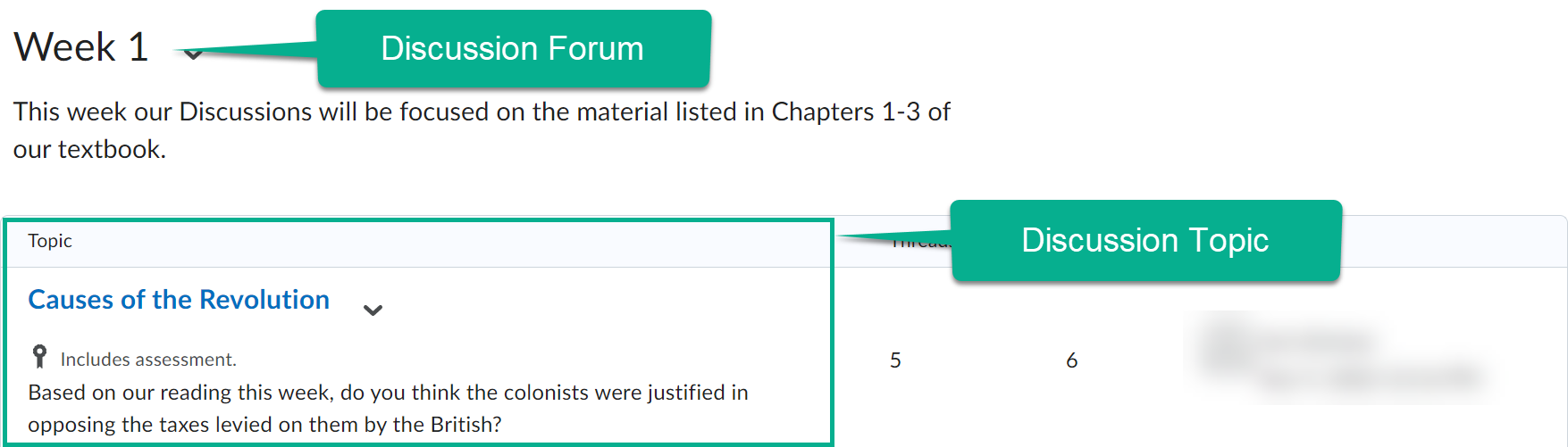 Image of a discussion topic with a title and description that is listed below the forum titled "Week 1"