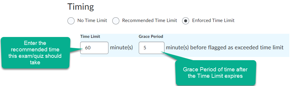 Image of the enforced time limit option selected for a quiz. The time limit is set to 60 minutes and the grace period is set to 5 minutes. 