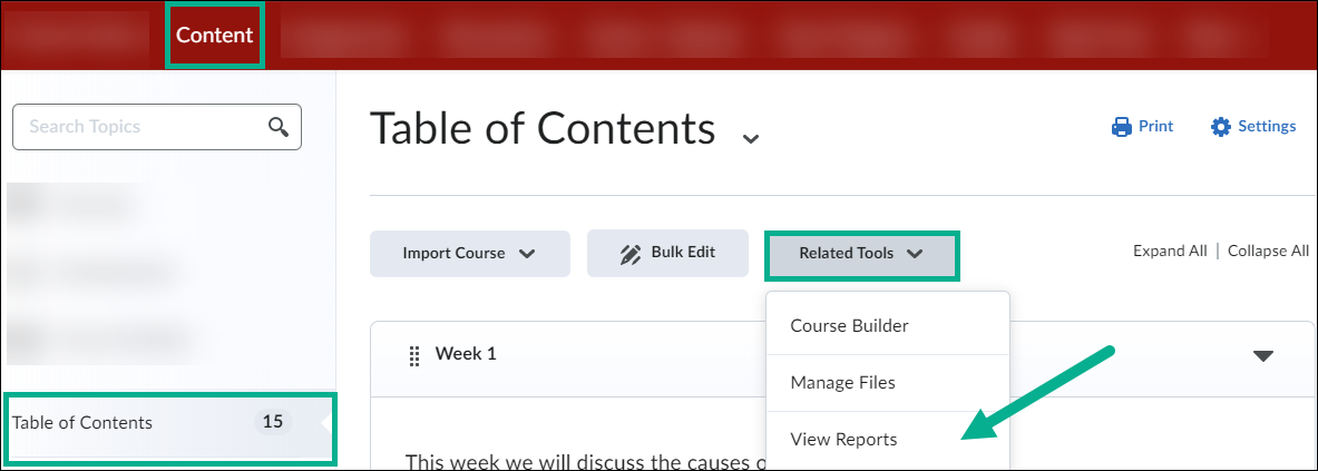 Image of the view reports button highlighted from the table of contents area of the content tab in Brightspace
