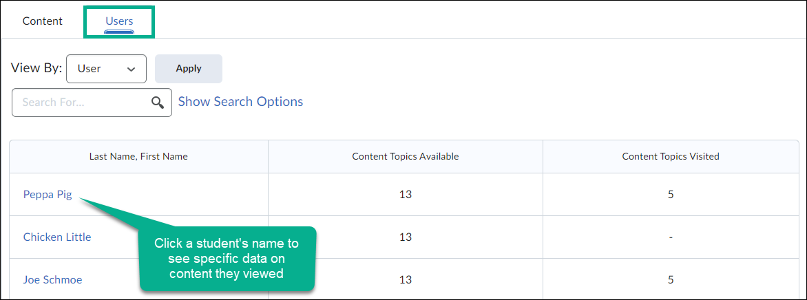 Image of the users tab on the report table showing a list of students with the amount of topics that are available to them, and how many of those they visited. This image highlights that if you click on the student's name, you can see additional data.  