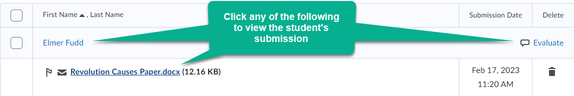 Image of the student's name, the name of their paper, and an evaluate button to view the students submission