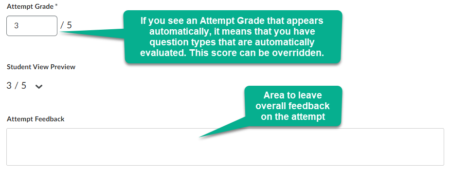 Image of the attempt grade (which is the overall grade) and attempt feedback field