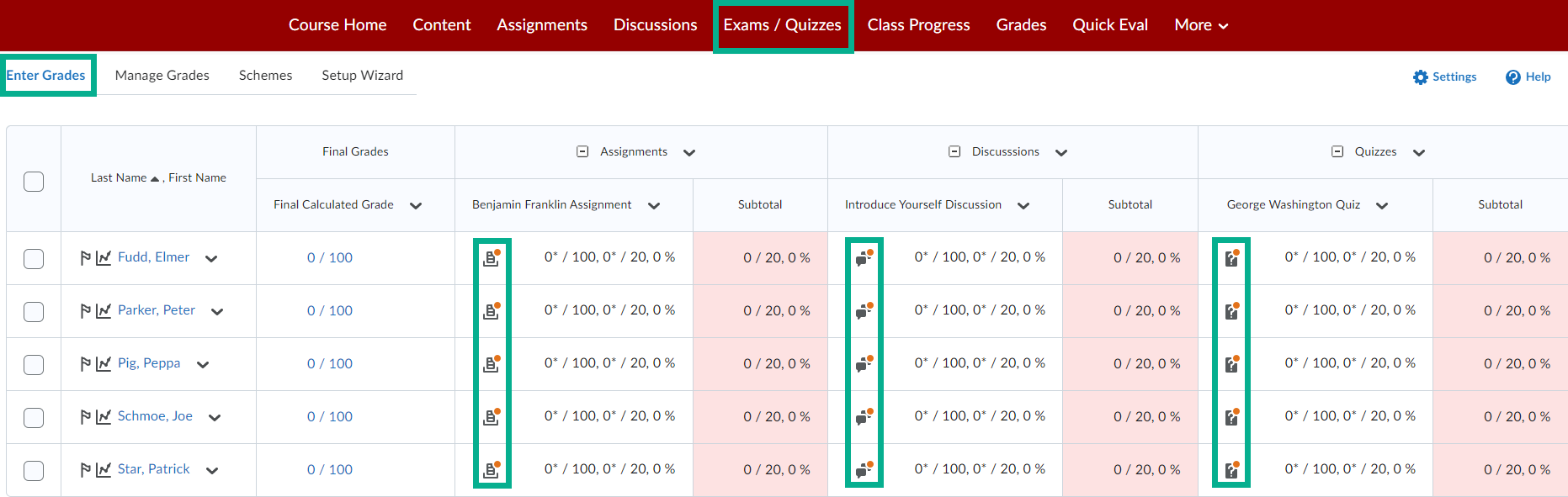 Image of the enter grades tab showing unread submissions for assignments, discussions, and exams/quizzes