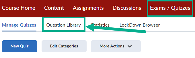 Image of the Exams/Quizzes tab highlighting the Question Library sub tab