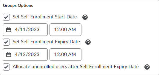 Image of self enrollment options to select the start date and end date for self enrollment. This also shows the option to "Allocate unenrolled users after Self Enrollment Expiry Date".