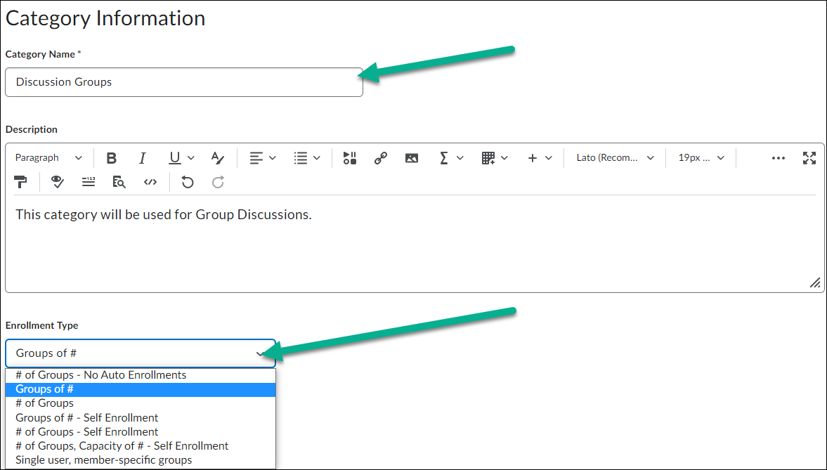 Image of the category name field, description field, and the enrollment field.