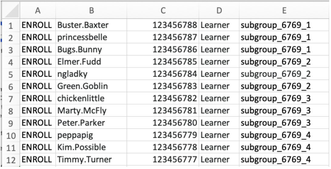spreadsheet with 5 columns with Enroll, Buster.Baxter, 123456788, Learner, subgroup_6769_1 and in the next row Enroll, princessbelle, 123456787, Learner, subgroup_6769_1 and in the next row Enroll, Bugs.Bunny, 123456788, Learner, subgroup_6769_1 and in the next row Enroll, Elmer.Fudd, 123456788, Learner, subgroup_6769_2 and in the next row, etc.