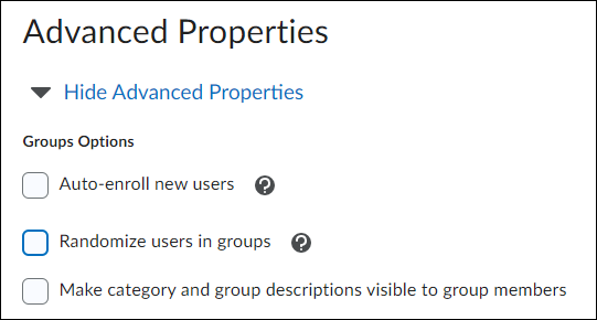 Image of the options "Auto-enroll new users", "Randomize users in groups", and "Make category and group descriptions visible to group members"