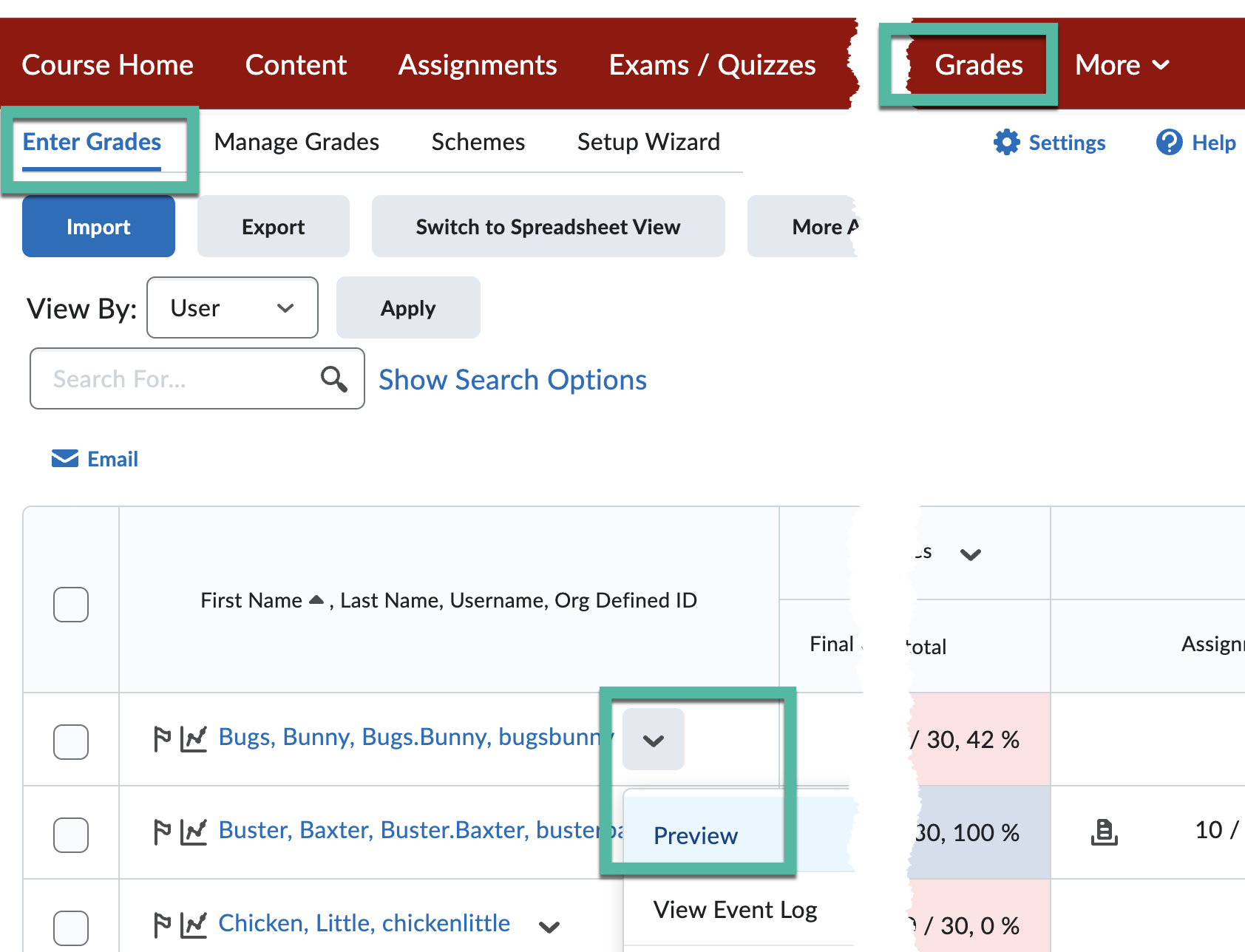 Previewing How Grades Look For A Student In Brightspace Division Of 