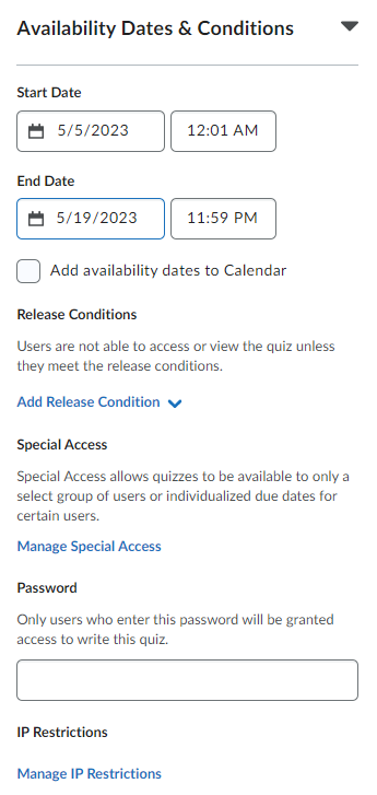Availability Dates and Conditions Section