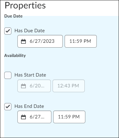 Options to adjust the start, end, or due date for a single student