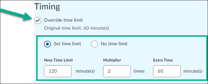 Image of the override time limit checkbox showing time limit options to choose from 