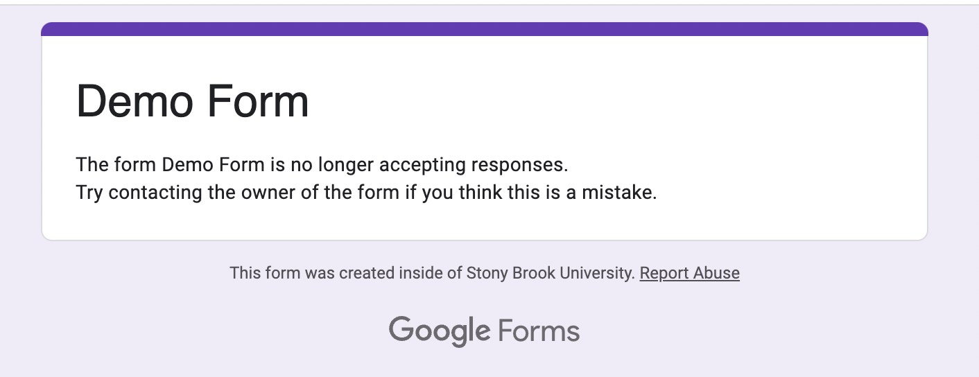 message that google form is not accepting responses