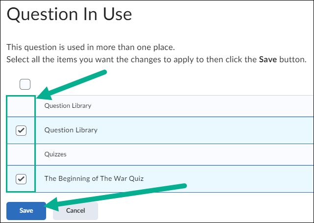 Image of a prompt letting the instructor know that the quiz question they are editing exits in another location. This also gives the option for instructors to update the question in all locations. 