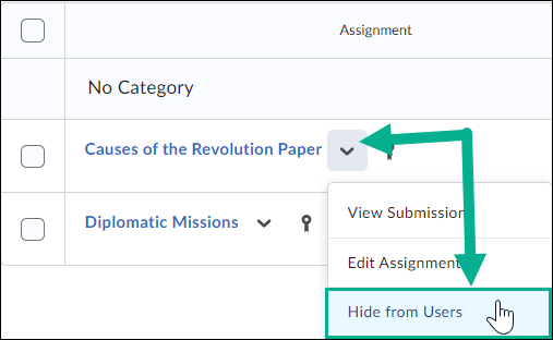Image of the arrow next to an assignment selected. Once selected, the hide from users option is highlighted.