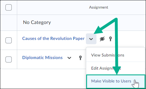 Image of the arrow next to an assignment selected. Once selected, the make visible to users option is highlighted.
