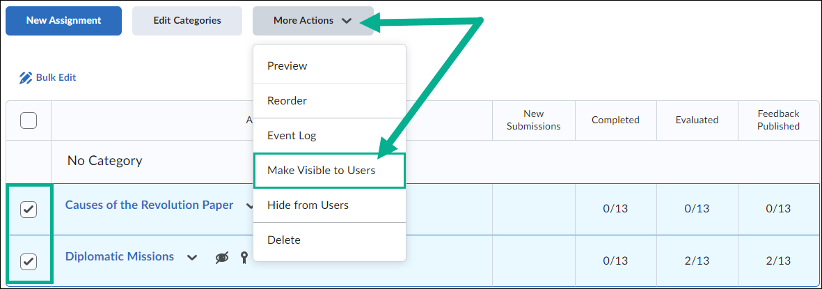 Image of multiple assignments selected, then the more actions button selected, and underneath that the option make visible to users is highlighted.