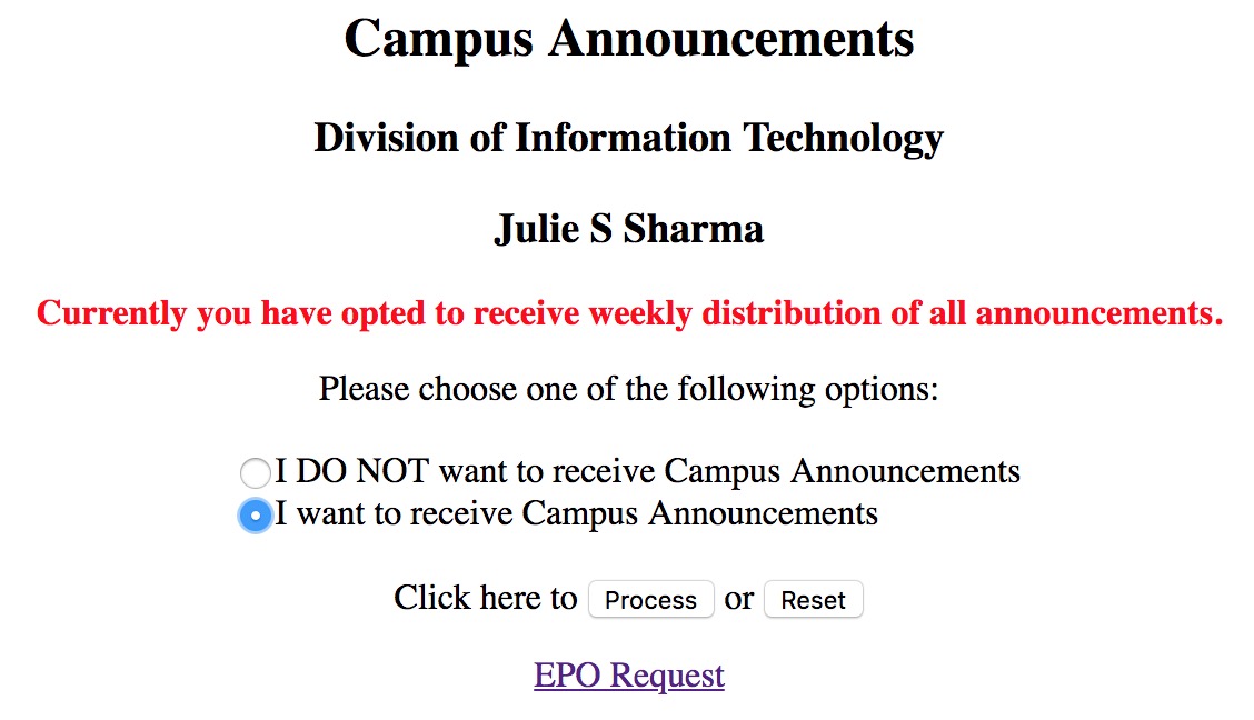 campus announcements option displayed with I want to receive weekly distribution of all announcements selected
