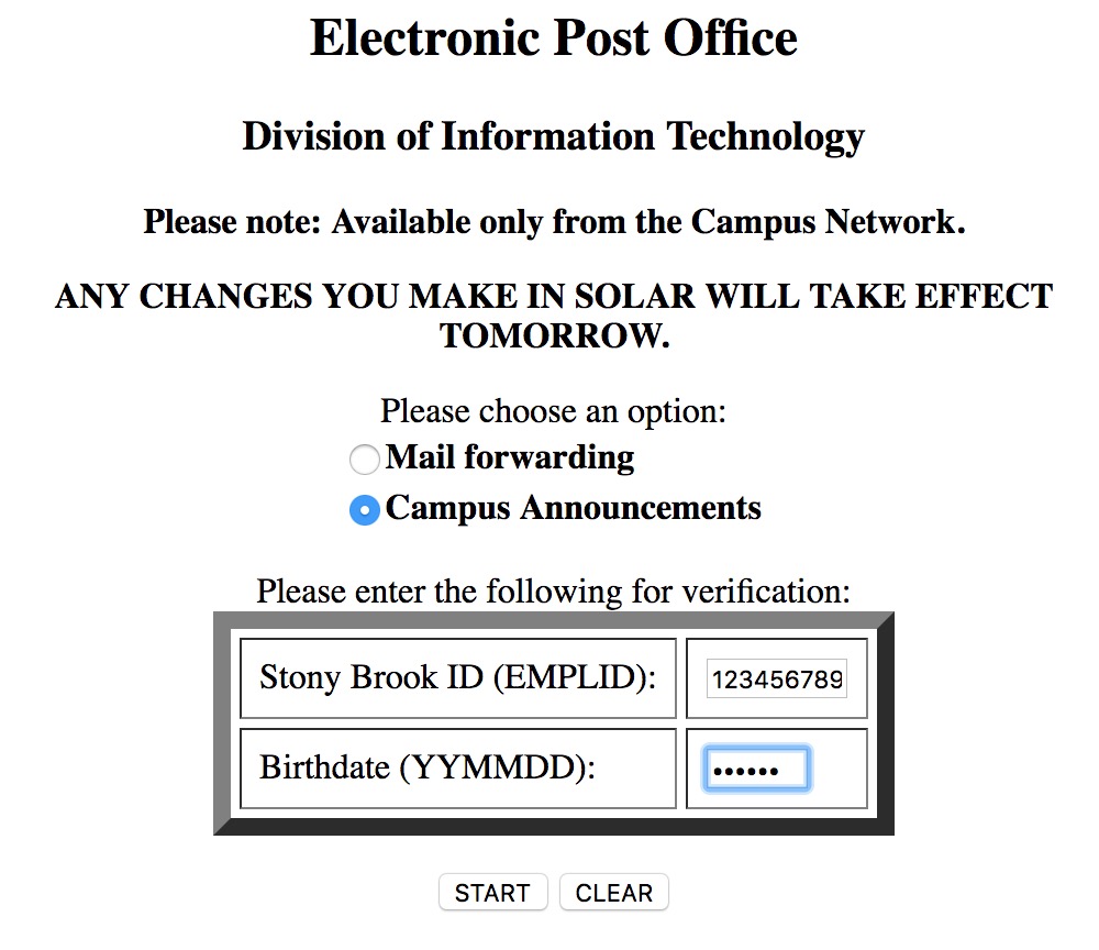electronic post office with campus announcements selected, 9-digit SBU Id, and yymmdd birthday entered