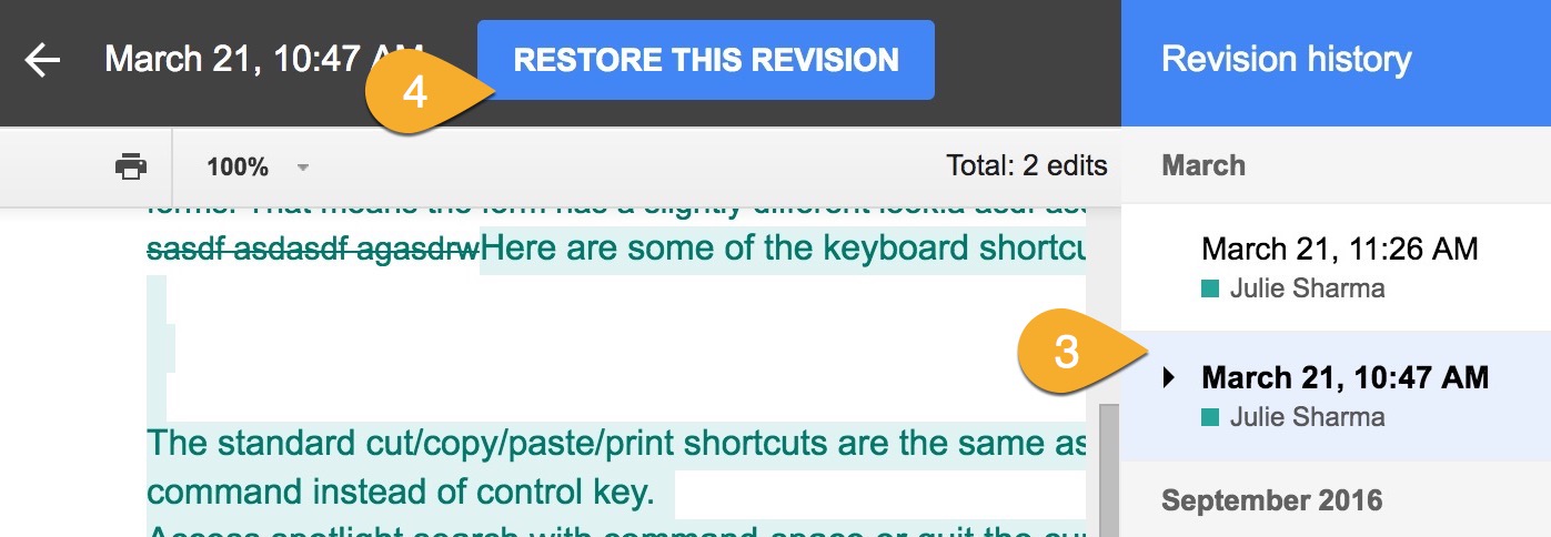 google doc with revision history on the right, a revision selected, and Restore this revision button at the top