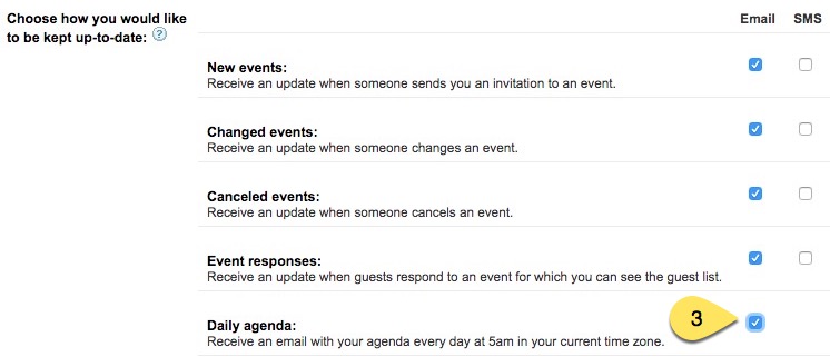 daily agenda checked in calendar notification settings