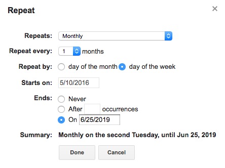 google calendar repeat options set up to repeat monthly of second tuesday of month
