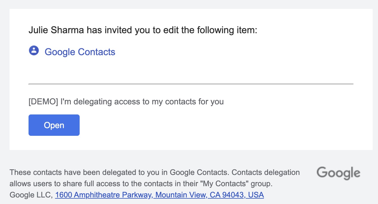 email notification about delegated contacts