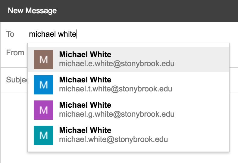 google email to field with "michael white" and 4 contacts with that name but slightly different email addresses