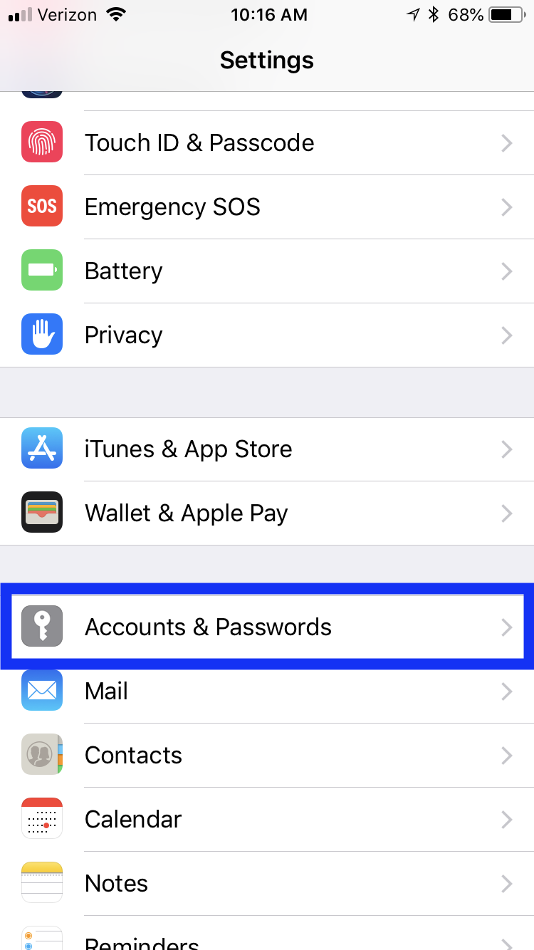 iphone settings > accounts & passwords