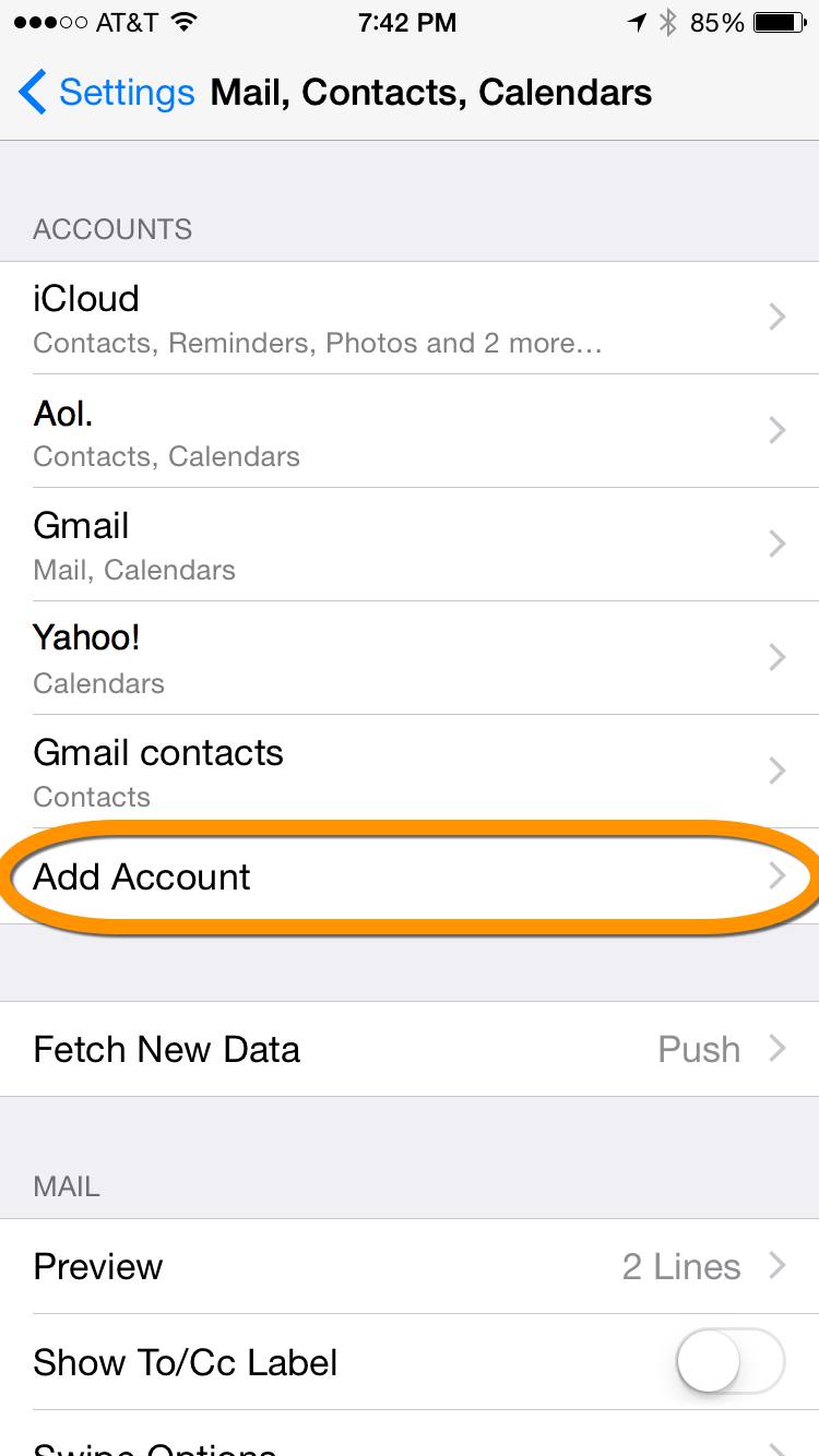 iphone mail contacts calendar settings with add account selected