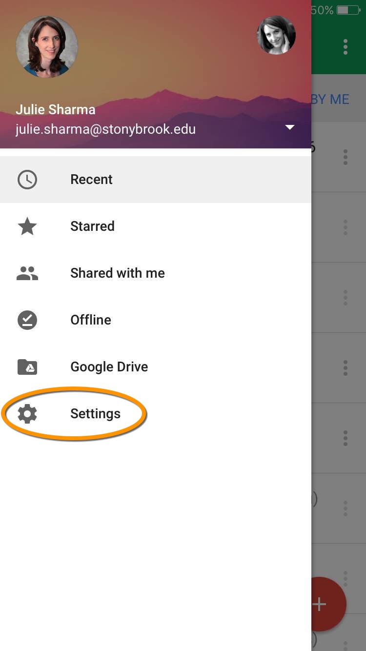 google sheets app with settings option selected