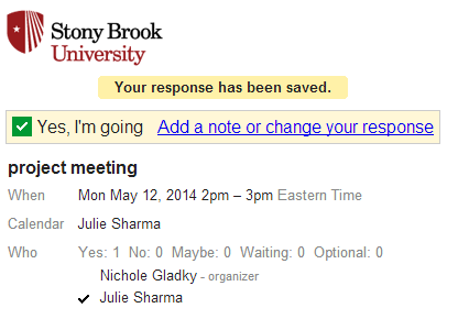 web browser message showing stony brook logo, rsvp choice, option to add a note or change response as well as who is attending the event