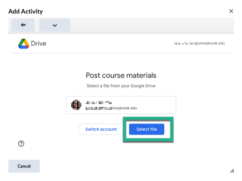 Post course materials prompt with Switch account and Select File buttons. Select File is selected