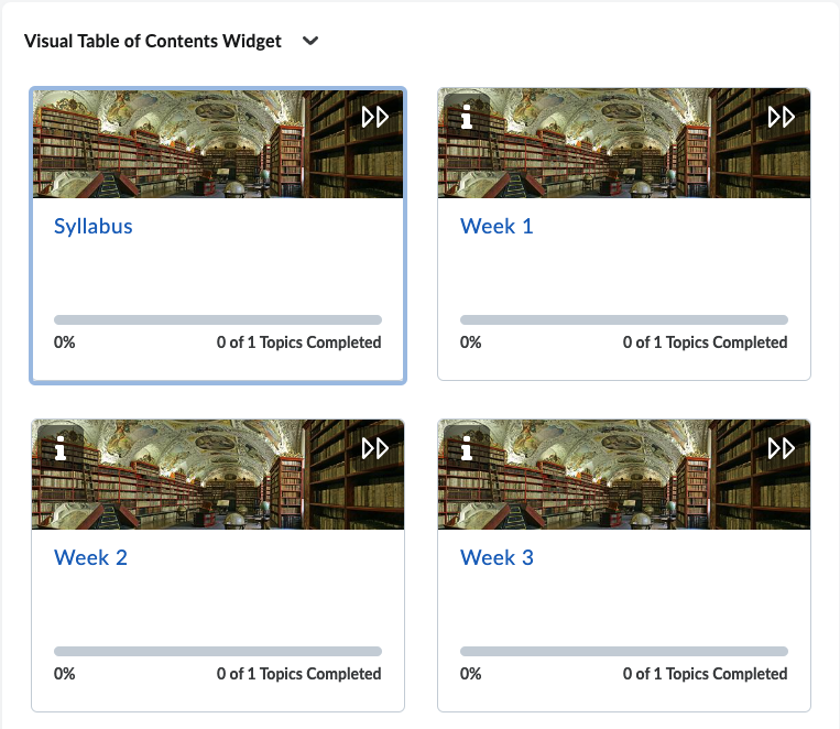 Visual TOC updated August 2024 Visual Table of Contents widgets showing cards for Module 1, Module 2, Module 3, Module 4, etc. each with