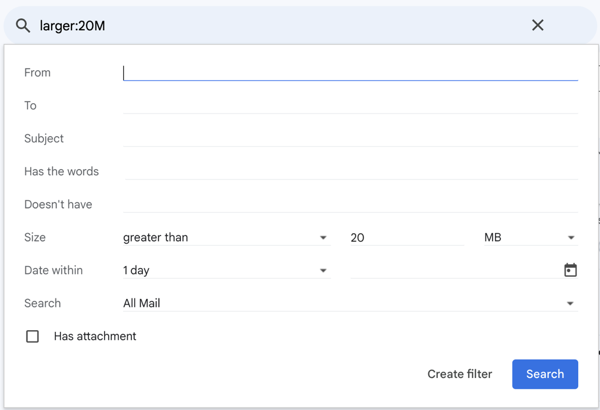 gmail search with size greater than 20 MB selected