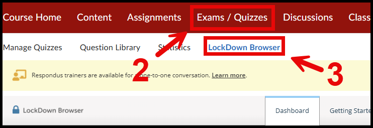 Screenshot of the course homepage and navbar, pointing to the Exams/Quizzes and LockDown Browser options.