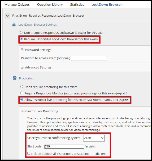 Quiz settings with " Require Respondus LockDown Browser for this exam" highlighted for the " LockDown Browser Settings" section, " Allow instructor live proctoring for this exam (via Zoom, Teams, etc)" highlighted on the "Proctoring" section, and the "Instructor Live Proctoring" options highlighted.