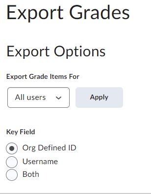 Export Options displaying Export Grade Items For and Key Field.