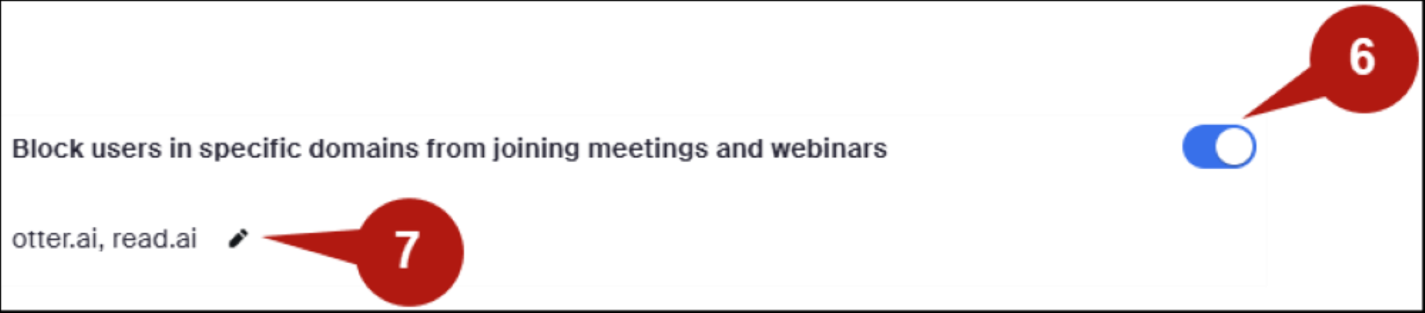 Zoom setting "Block users in specific domains from joining meetings and webinars" enabled. Domains typed to be blocked are otter.ai and read.ai.