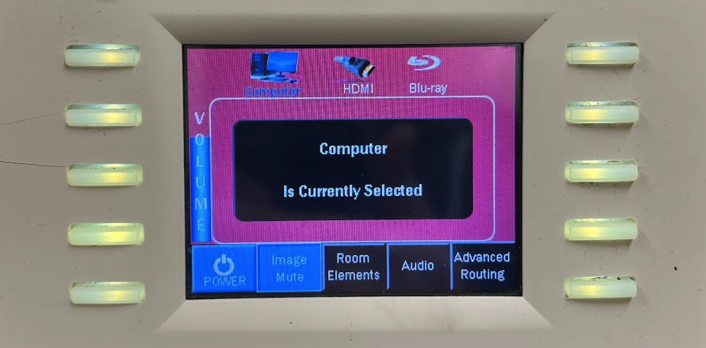 Touch panel with additional physical buttons showcasing the Image Mute function being enabled.