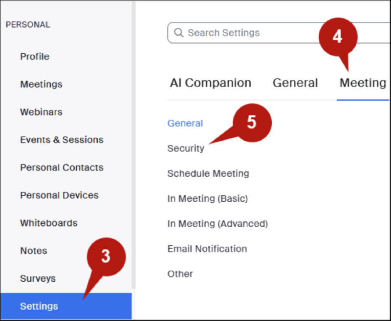 Settings area of Zoom. The Meeting settings tab is selected, and under that the image highlights the security settings option.