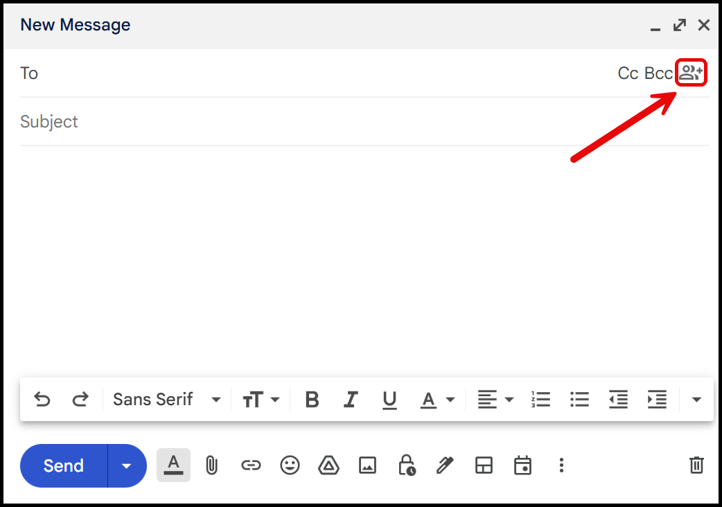 Email composition screen. Icon of two figures overlapping is highlighted.